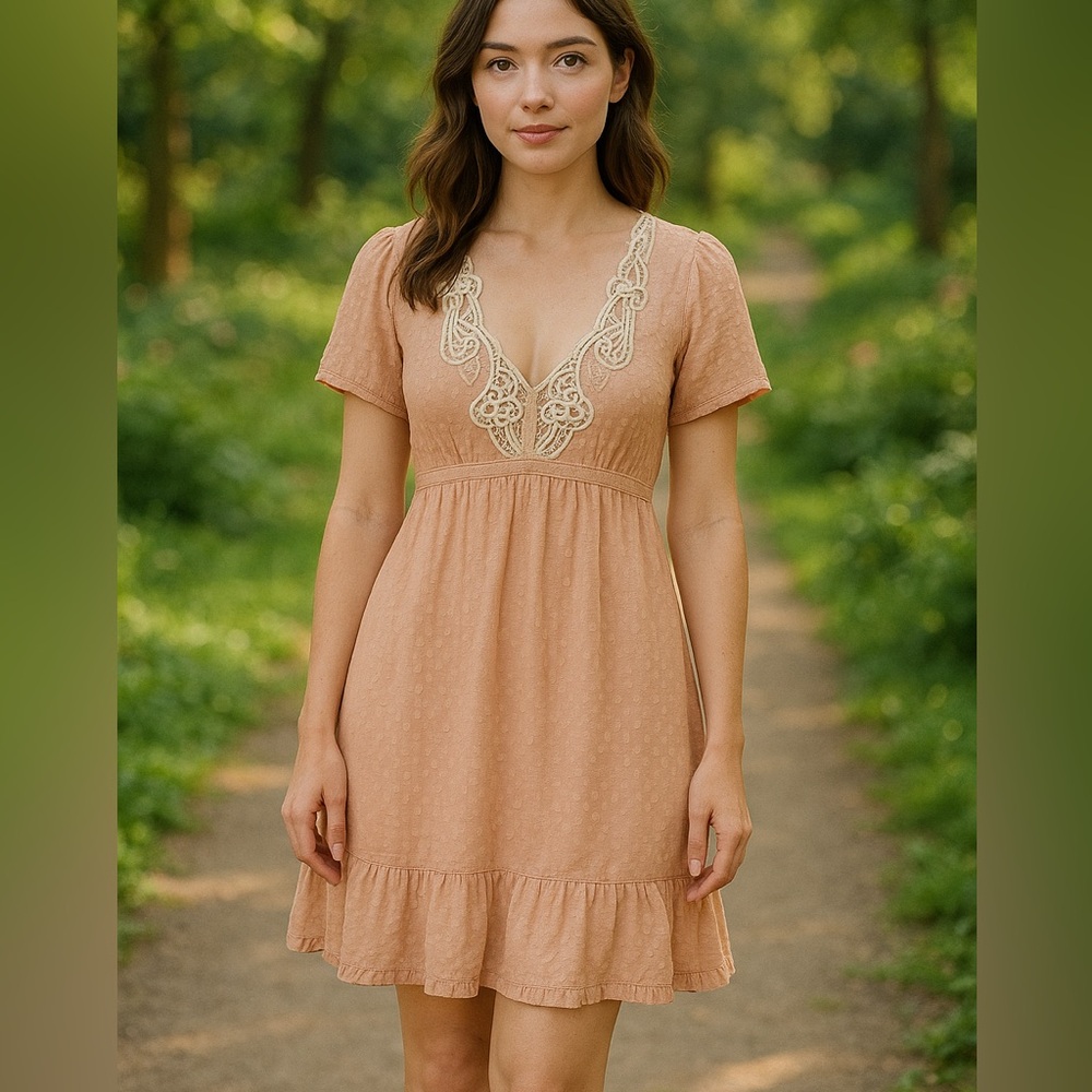 Boston Proper Peach Blush Swiss Dot Romantic Girl Boho Silk Dress Size 4